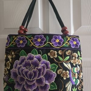 Floral Embroidered Ethnic  Black and Purple Women's Bag